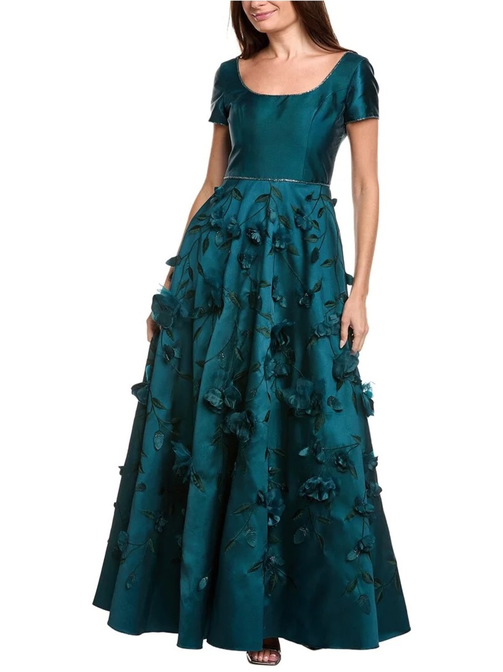 Theia Selma Teal Short-Sleeve Maxi Dress with 3D Floral Embellishment